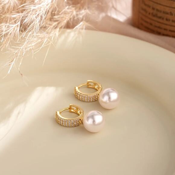 Gold Hoop Pearl Drop Earrings – CZ Diamond Hoop Earrings – Bridal Jewelry - Picture 2 of 4